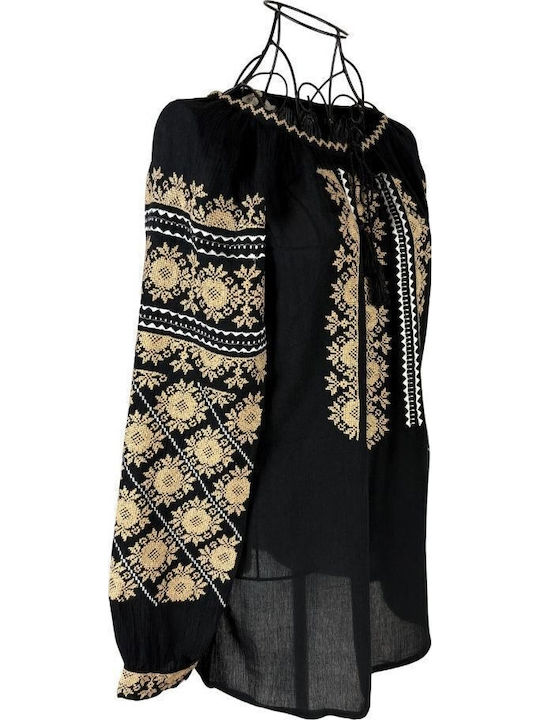 Bluza Damă Bumbac Mânecă Lungă Neagră/Bej