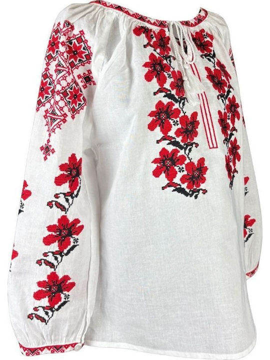 Bluza Damă Din Bumbac Cu Mânecă 3/4 Alb/Roșu