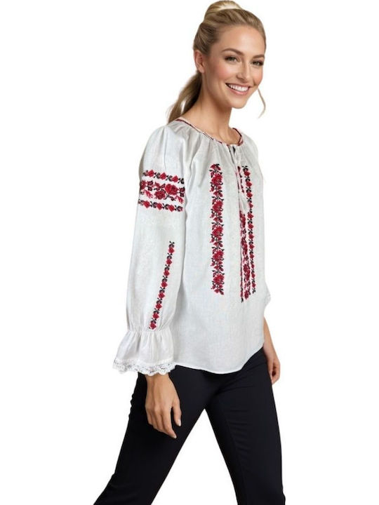 Bluza Damă Din Bumbac Cu Mânecă 3/4 Alb Optic Roșu Cireș