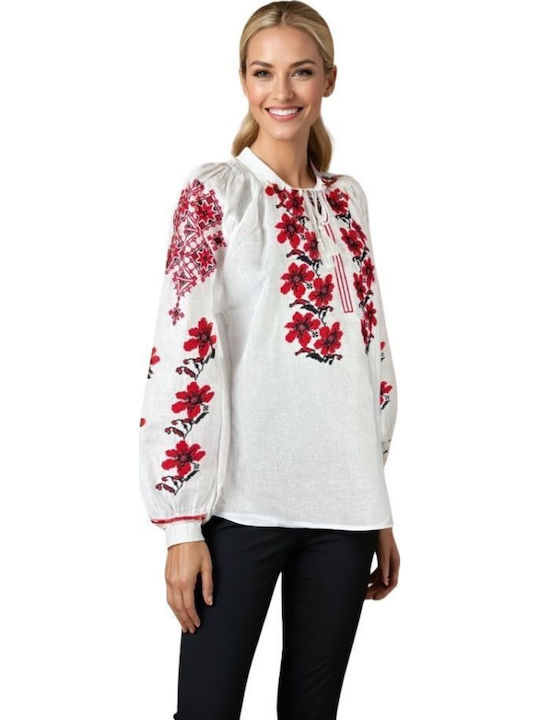Bluza Damă Din Bumbac Cu Mânecă 3/4 Alb/Roșu