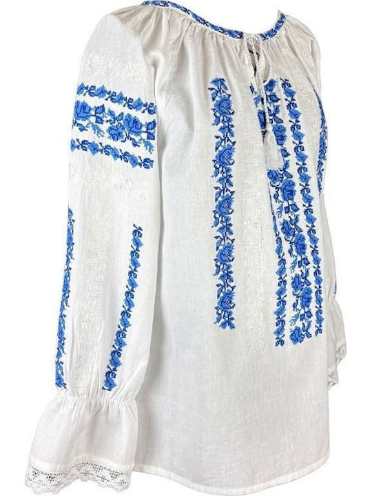 Bluza Damă Din Bumbac Cu Mânecă 3/4 Albă, Albastră