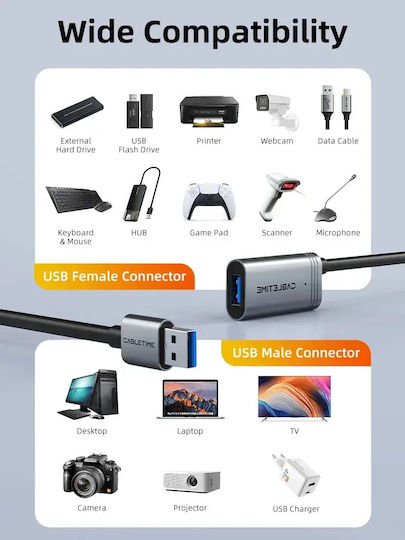 Cabletime USB 3.0 Кабел USB-A мъжки - Черен 5м CT-AMAFA3-AG5