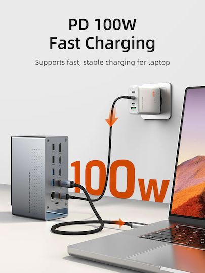Cabletime USB-C Docking Station mit HDMI/DisplayPort 4K PD Ethernet und Verbindung 3 Monitore Gray (CT-DK181-AG)