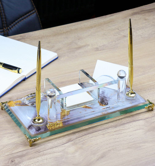 Crystal Desk Set Marble Design & Gold Details Pen Holder Note Holder Card Holder & Clock Code Km-55