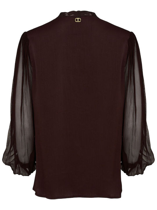 Women's Blouse with Lace & Sheerness Brown