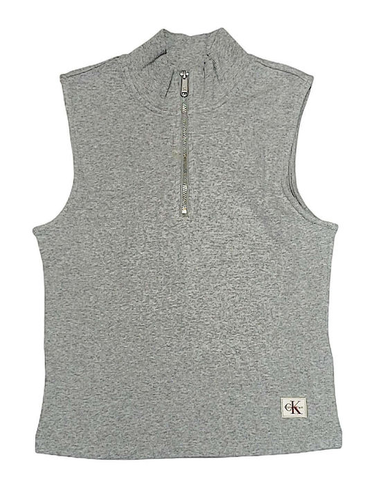 Damen Bluse Baumwolle Ärmellos mit Reißverschluss Light Grey Melange
