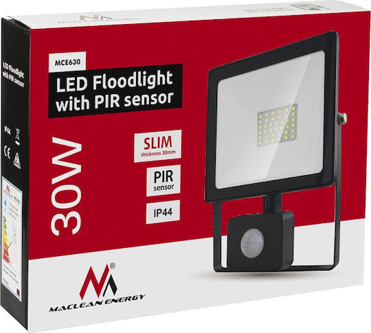 Maclean Energy Στεγανός Προβολέας LED 30W Φυσικό Λευκό 4000K με Αισθητήρα Κίνησης IP44