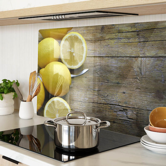Glass Chopping Surface Kitchen Lemon Design On Wood 80x52 Cm