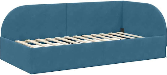 Pat Single Tapitat Cu Catifea Albastră Cu Spațiu De Stocare Plăci Și Saltea 80x200cm