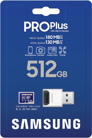 Samsung Pro Plus (2023) microSDXC 512GB Clasa 10 U3 V30 A2 UHS-I cu USB Reader
