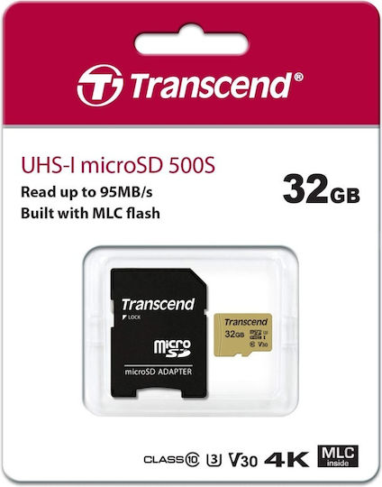 Transcend 500S microSDHC 32GB U3 V30 UHS-I 95MB/s Speicherkarten mit Adapter