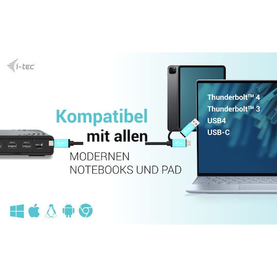 i-tec USB-C Docking Station με HDMI/DisplayPort 4K PD Ethernet και σύνδεση 3 Οθονών Μαύρο (C31TRIPLE4KDOCKPD)