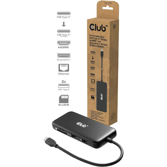 Club3D USB-C Docking Station με HDMI/DisplayPort 4K PD Ethernet Μαύρο (CSV-2551)