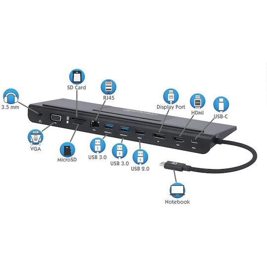 Manhattan USB-C Docking Station with DisplayPort 4K PD Ethernet and 3 Monitors Connection Black