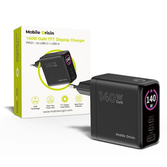 Mobile Origin Φορτιστής GaN με Θύρα USB-A και 2 Θύρες USB-C 140W Power Delivery Μαύρος (PW21)