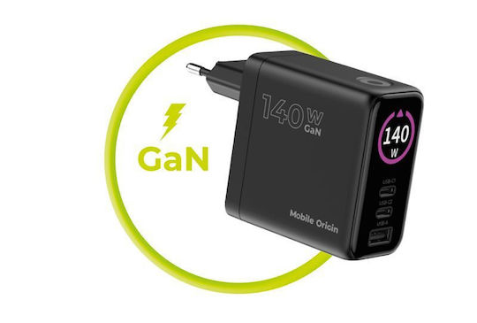 Mobile Origin Φορτιστής GaN με Θύρα USB-A και 2 Θύρες USB-C 140W Power Delivery Μαύρος (PW21)