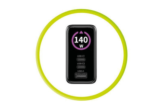 Mobile Origin Φορτιστής GaN με Θύρα USB-A και 2 Θύρες USB-C 140W Power Delivery Μαύρος (PW21)