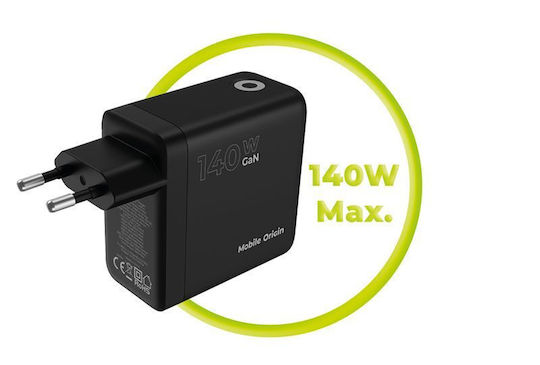 Mobile Origin Φορτιστής GaN με Θύρα USB-A και 2 Θύρες USB-C 140W Power Delivery Μαύρος (PW21)