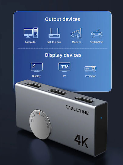 Cabletime HDMI Switch CT-HS4K2-AG 2 1 4K/60Hz Bi-directional Grey