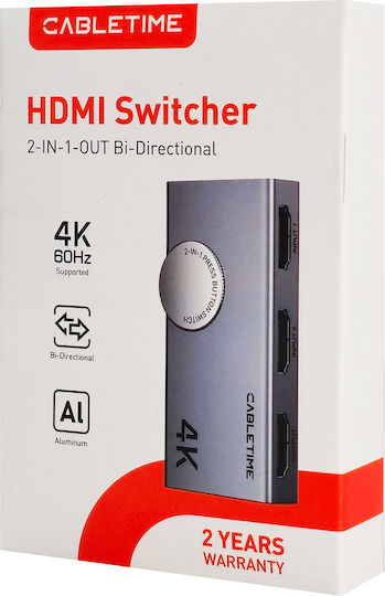 Cabletime HDMI Switch CT-HS4K2-AG 2 1 4K/60Hz Bi-directional Grey