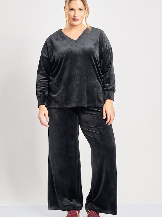 Bluza Damă Catifea Mânecă Lungă Neagră