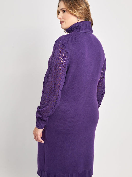 Rochie Tricotată Cu Guler Înalt Violet