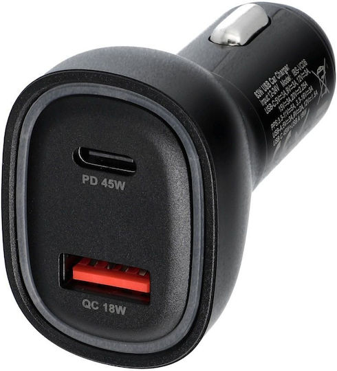 Blue Star Auto-Ladegerät 63W 3A Schnellladen mit Anschlüssen: 1xUSB 1xType-C Schwarz Farbe