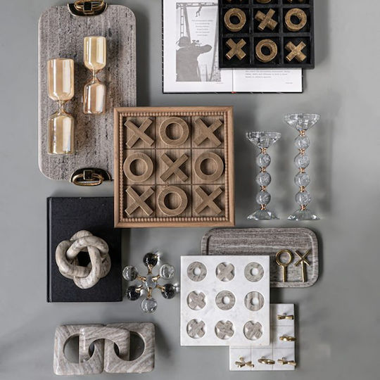 Artekko Tic Tac Toe Gray Marble Decorative Tic Tac Toe White Base 23x23x1.5 Cm