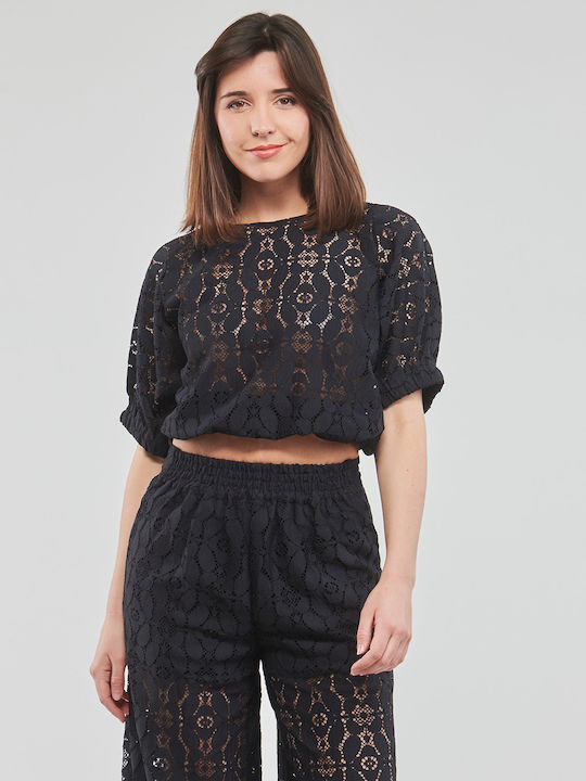 Lucca Women's Crop Top Short Sleeve Floral Black