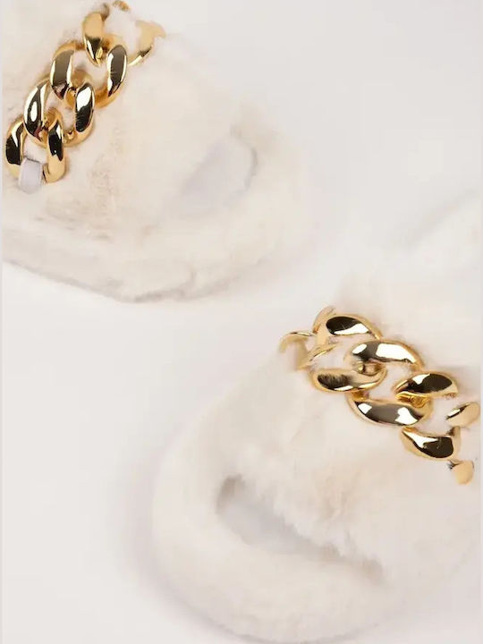 Women's Flat Slipper Fur Decorative Chain Size 39 White