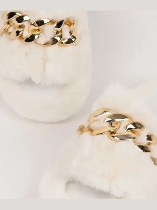 Women's Flat Slipper Fur Decorative Chain Size 39 White