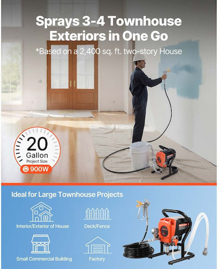 Airless Paint Sprayer Vevor Stand 900w High Pressure Airless Sprayer 3300psi Cleaning Brush Hose Extension Rod Nozzles Electric Paint Machine Spraying Interior or Exterior House Fence