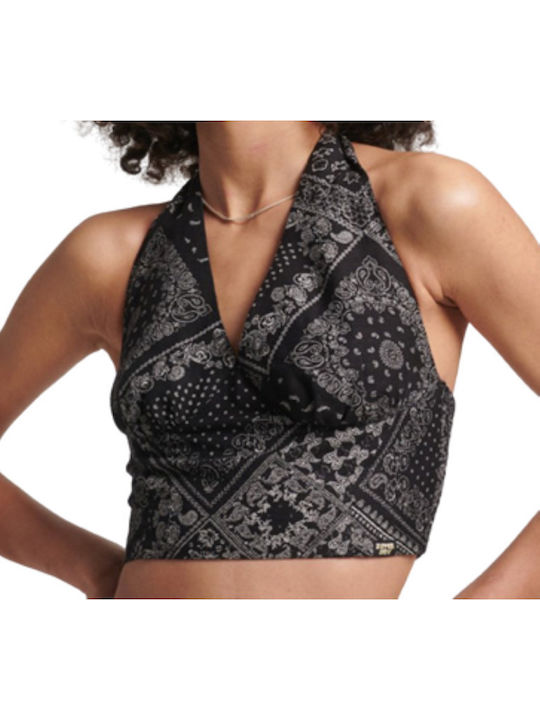 Γυναικείο Καλοκαιρινό Crop Top Λινό Αμάνικο με Δέσιμο στο Λαιμό Μαύρο