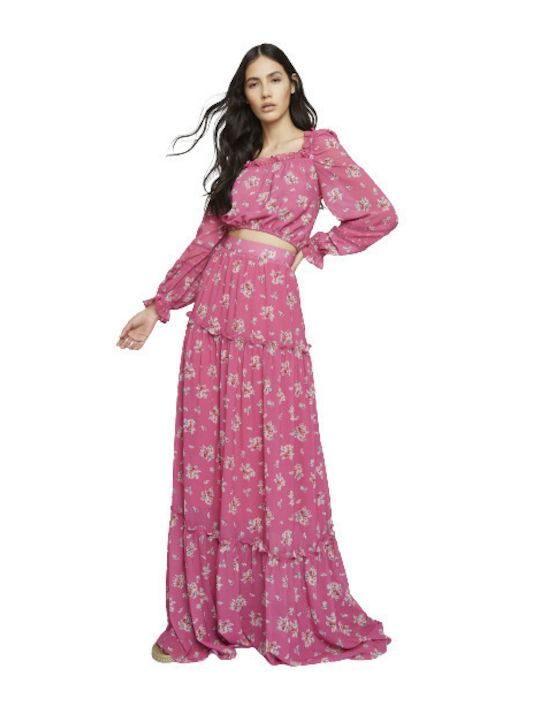 Damen Crop Top Langarm Blumen Rosa