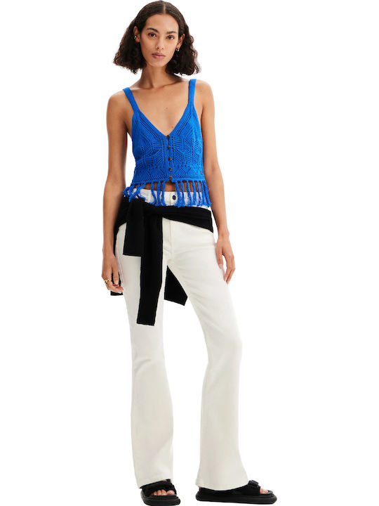 Loro Γυναικείο Καλοκαιρινό Crop Top Αμάνικο με V Λαιμόκοψη Μπλε