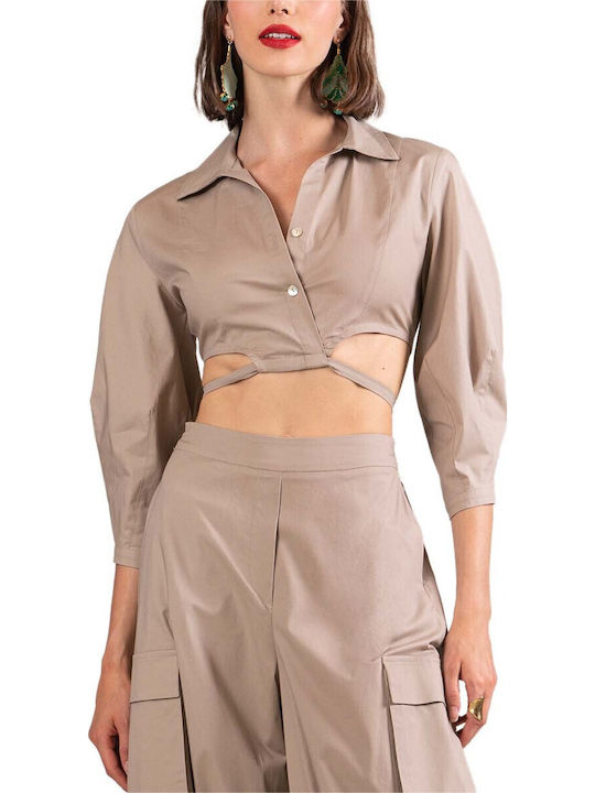 Women's Summer Crop Top Cotton Long Sleeve with Zipper Beige