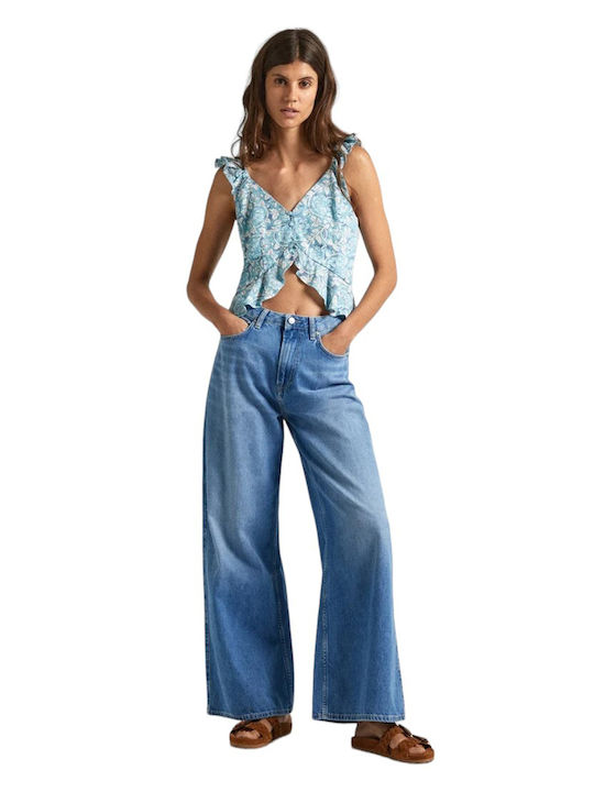 Emilia Damen Sommer Crop Top Leinen Ärmellos mit V-Ausschnitt Blumen Blau