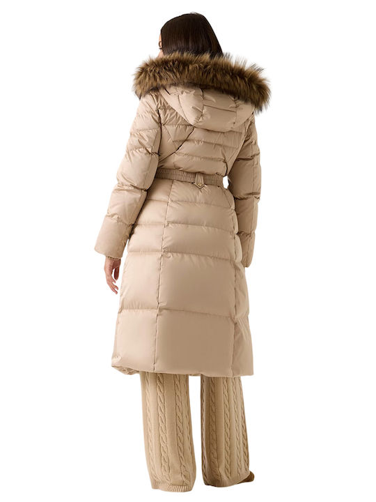 Women's Long Puffer Jacket for Winter with Hood Beige