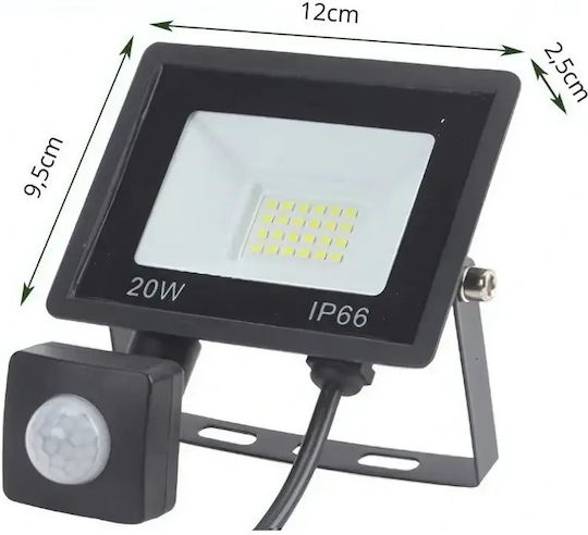 Verk Group Proiector Led Etanș 20W Alb Rece 6000K Cu Senzor De Mișcare Și Fotocelul IP66