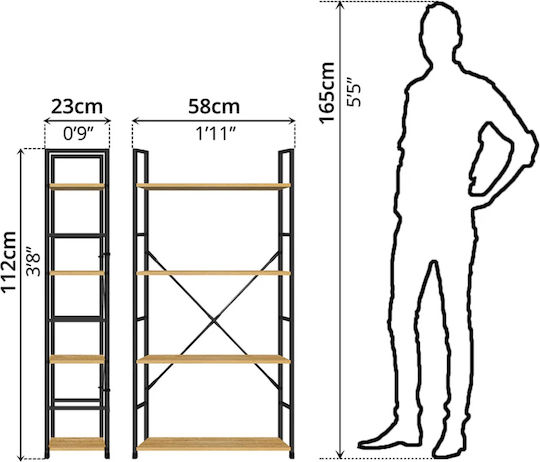 Bücherregal Artemis-60112 Eiche 4 Regale 58,6x23,5x112cm Schwarzer Metallrahmen