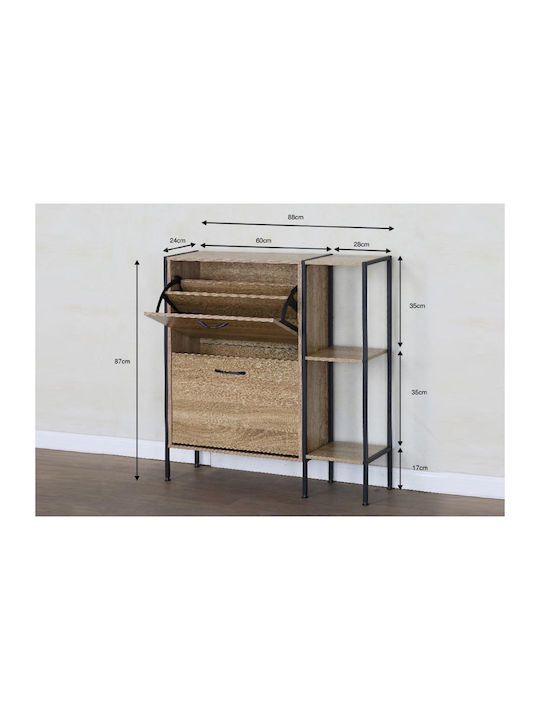 Shoe Organizer Metal-Wood Metalwood-88 2 Doors 2 Shelves Sonoma 88x24x87cm MDF Melamine Black Metal Frame