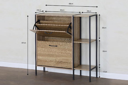 Shoe Organizer Metal-Wood Metalwood-88 2 Doors 2 Shelves Sonoma 88x24x87cm MDF Melamine Black Metal Frame