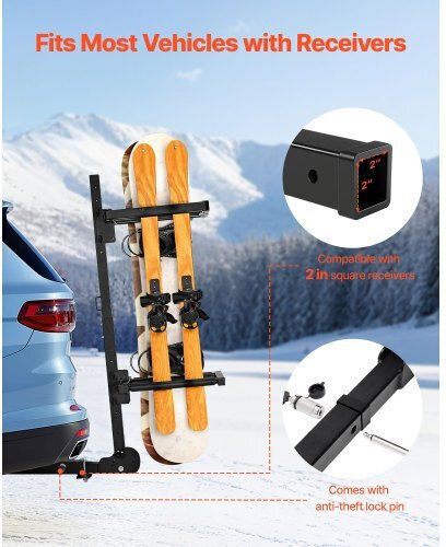 Vevor Folding Ski & Snowboard Tow Bar Rack Fits 50 Mm Hitch Carries Up To 6 Ski Pairs or 4 Snowboards Adjustable Car Rack Lock Safety Strap Access Tilt