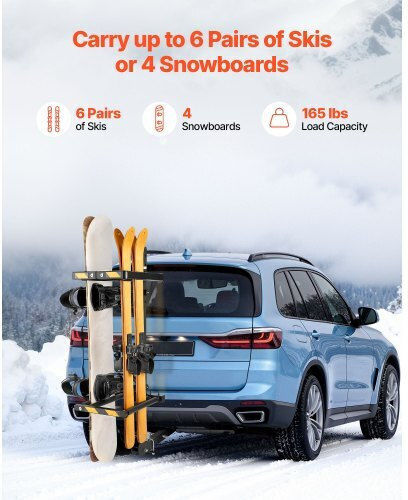 Vevor Folding Ski & Snowboard Tow Bar Rack Fits 50 Mm Hitch Carries Up To 6 Ski Pairs or 4 Snowboards Adjustable Car Rack Lock Safety Strap Access Tilt