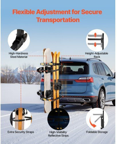 Vevor Folding Ski & Snowboard Tow Bar Rack Fits 50 Mm Hitch Carries Up To 6 Ski Pairs or 4 Snowboards Adjustable Car Rack Lock Safety Strap Access Tilt