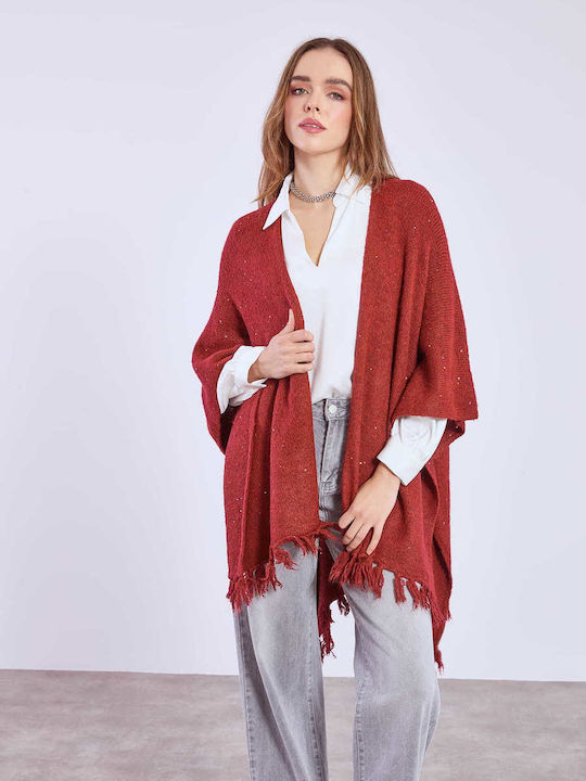 Celestino Γυναικεία Κάπα Μεταλλιζέ Παγιέτες Μαλλί Loose Fit Κόκκινο Σκούρο