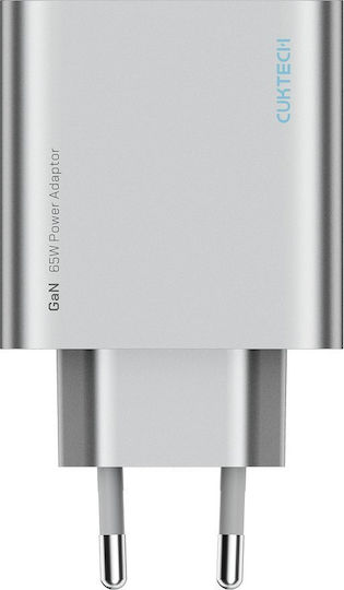 Cuktech Φορτιστής Χωρίς Καλώδιο GaN με Θύρα USB-A και 2 Θύρες USB-C 65W Γκρι