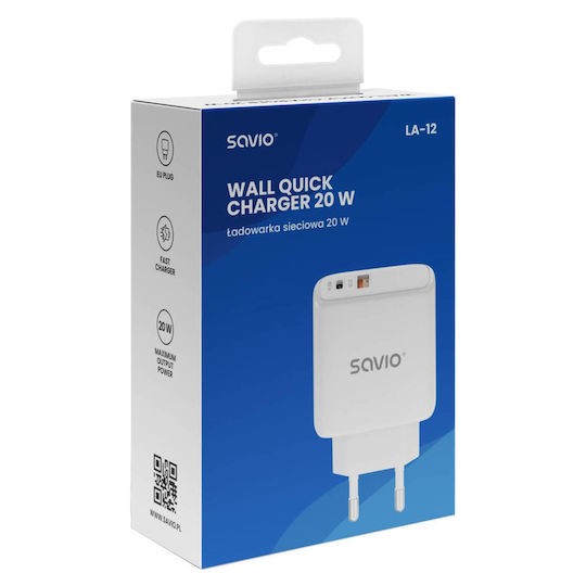 Savio Зарядно без кабел с USB-A порт и USB-C порт 20W Power Delivery Бял (LA-12)