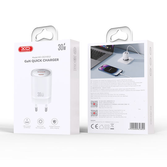XO Φορτιστής Χωρίς Καλώδιο με Θύρα USB-A και Θύρα USB-C 30W Power Delivery Λευκός (CE21)