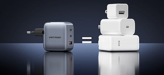 Vention Φορτιστής Χωρίς Καλώδιο GaN με Θύρα USB-A και 2 Θύρες USB-C 70W Power Delivery Γκρι (FEXH0-EU)